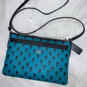 Used Coach Teal and Black Rose Cross Body Bag